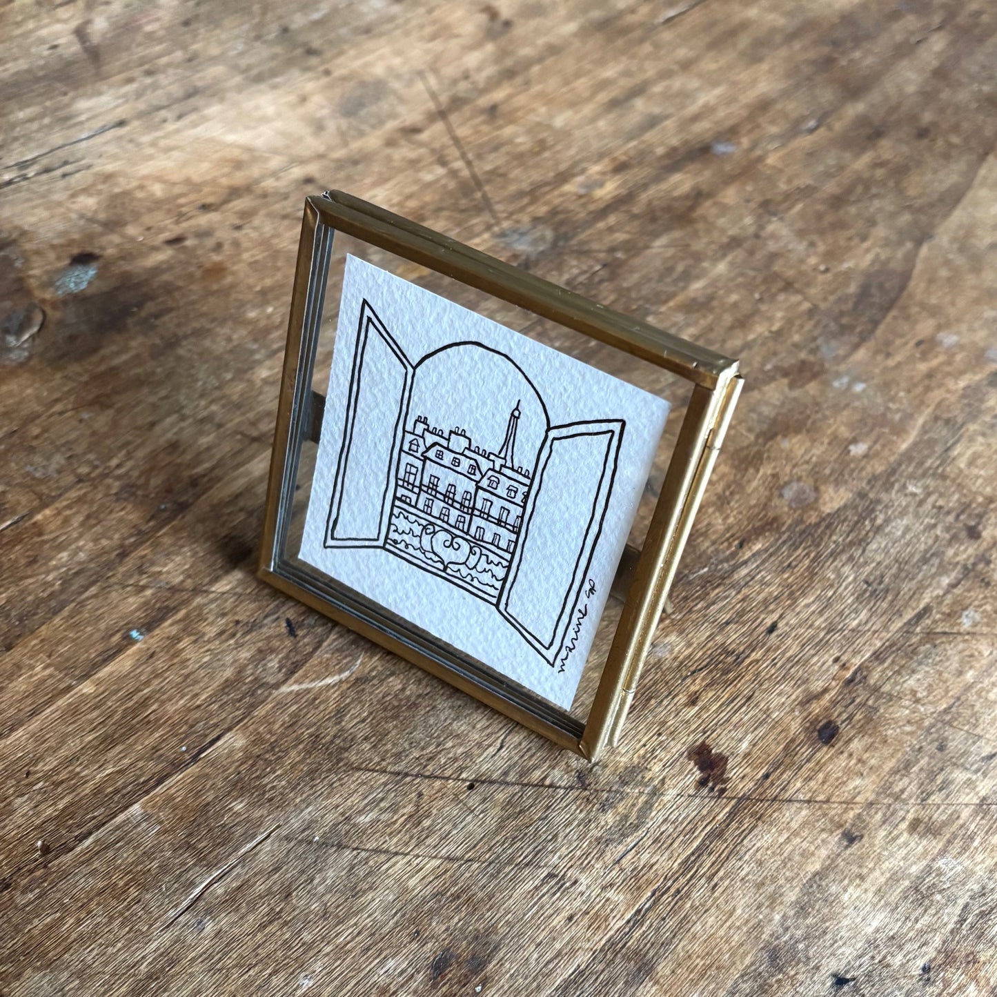 Hand-Drawn Parisian Window / Framed Original Illustration